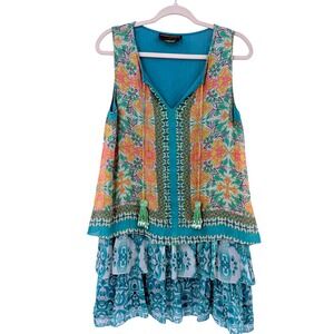 Hemant & Nandita Teal Multicolor Silk Sequin Tiered Boho Mini Dress Sleeveless S